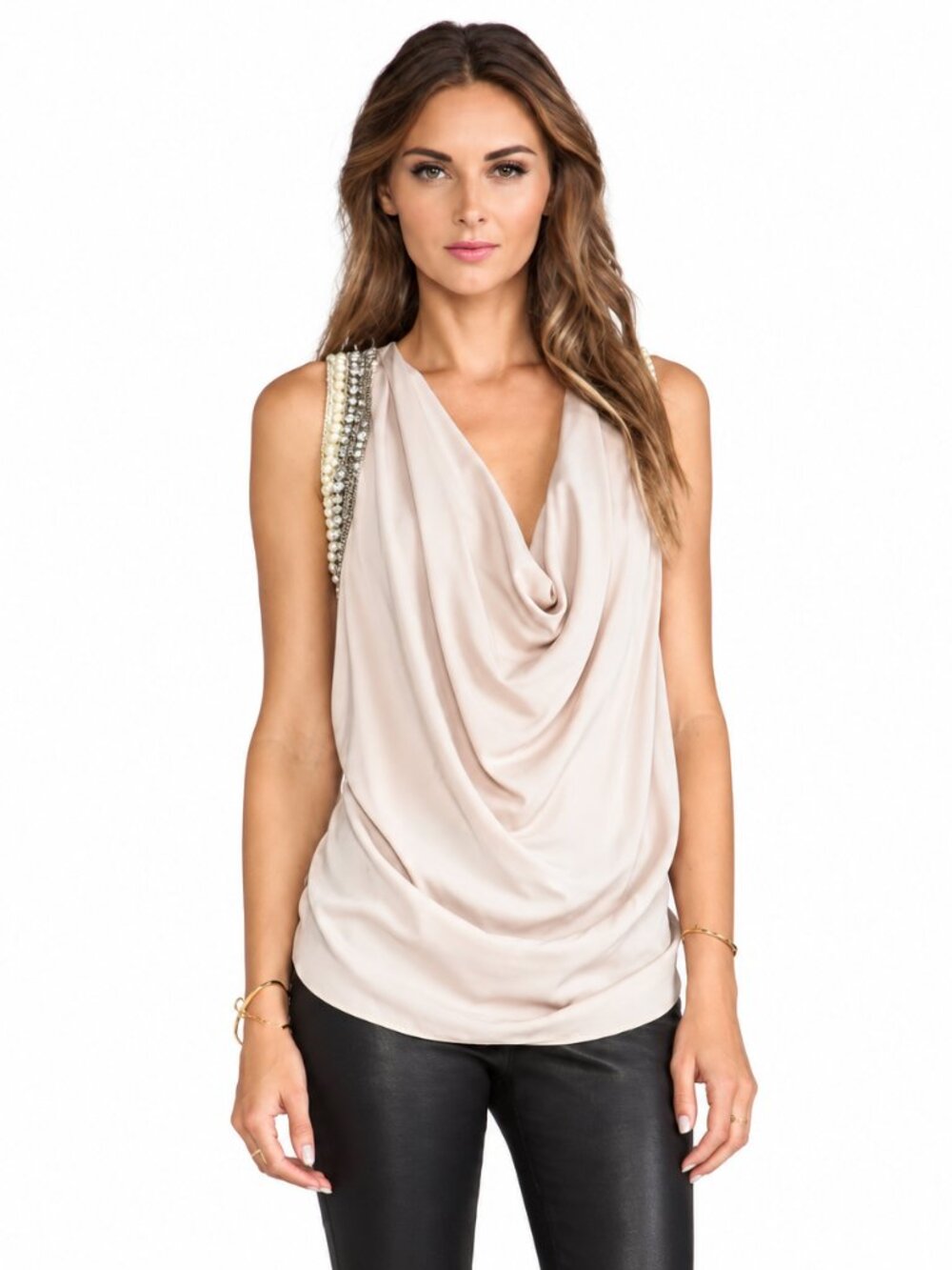 Haute Hippie Blush Cowl Neck Pearl & Rhinestone Embellished Tank Size S